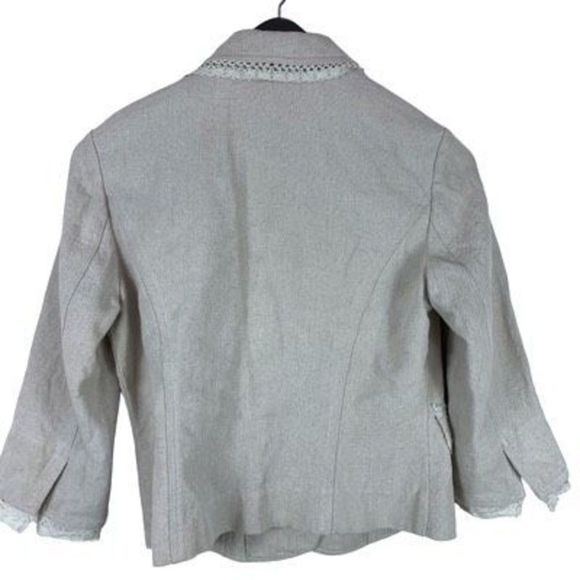 Newport News Women’s Sz 8 Cream Linen Cotton 2 Button Lace Fringe Blazer - Picture 4 of 12